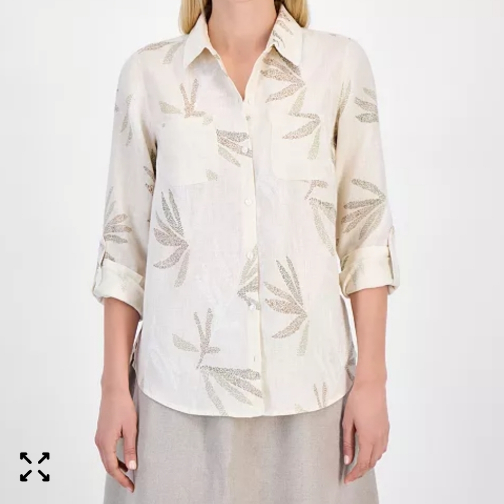 Charter Club Luxury Linen Womens Palm Print Button Up Blouse Sz Large NWOT